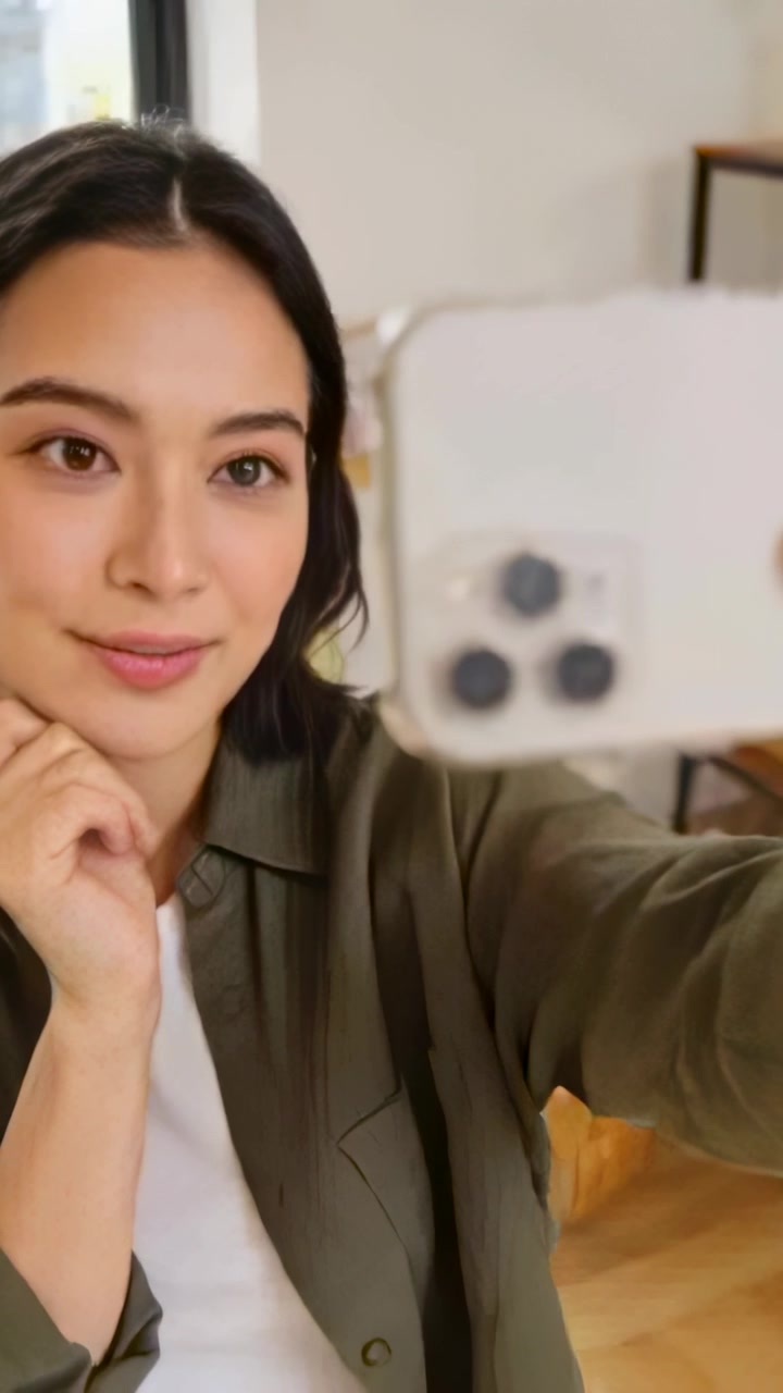 Video verticale: Donna in maglietta verde che tiene il telefono, sorride e si inclina, in posa per un selfie a casa.