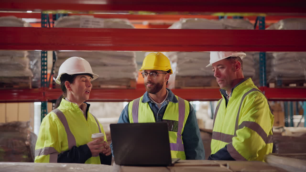 Warehouse workers discussing inventory with laptop