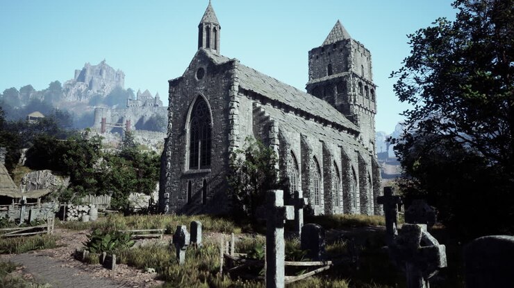 Paisagem com igreja e castelo medievais