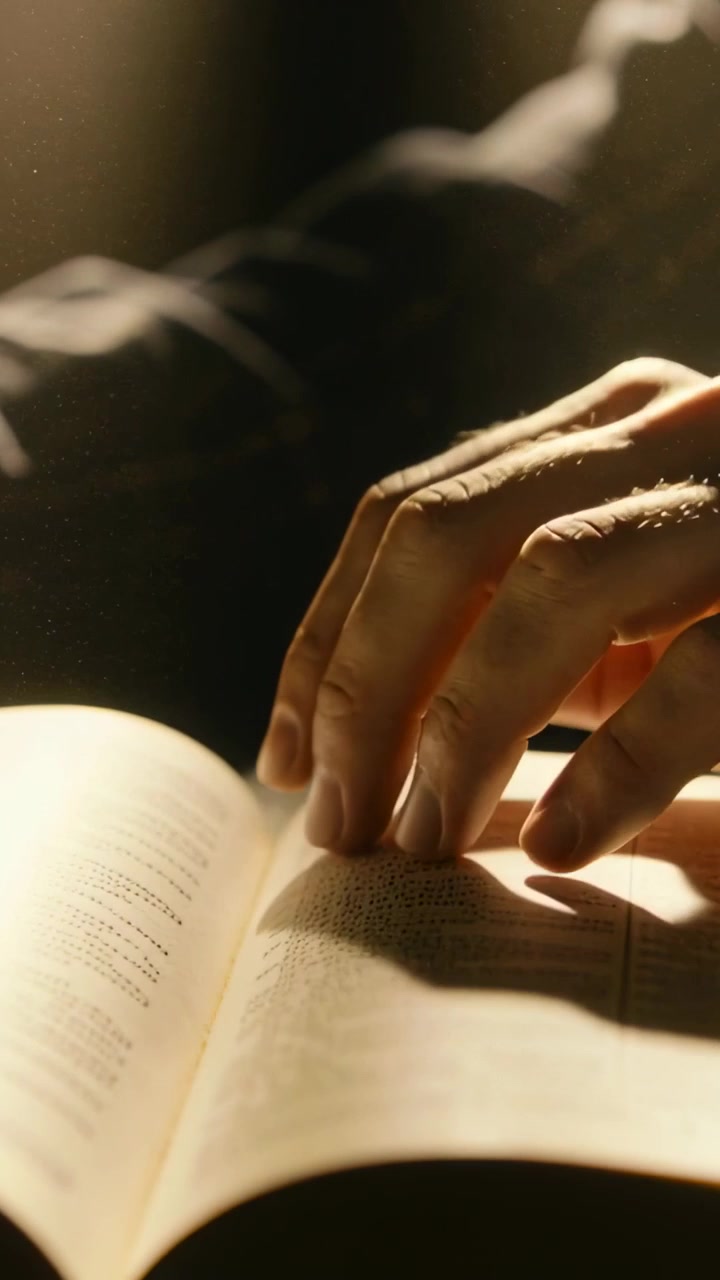 Vertical video: Lamp beam urging right hand in dark cuff turning book page, desk showing dust motes