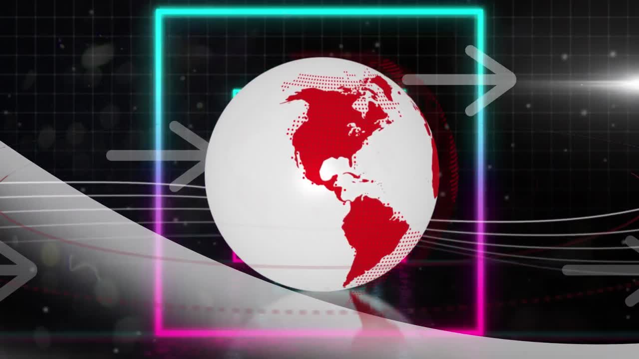 animación de formas cuadradas de neón en un patrón sin costuras contra los iconos de globo giratorio y flecha