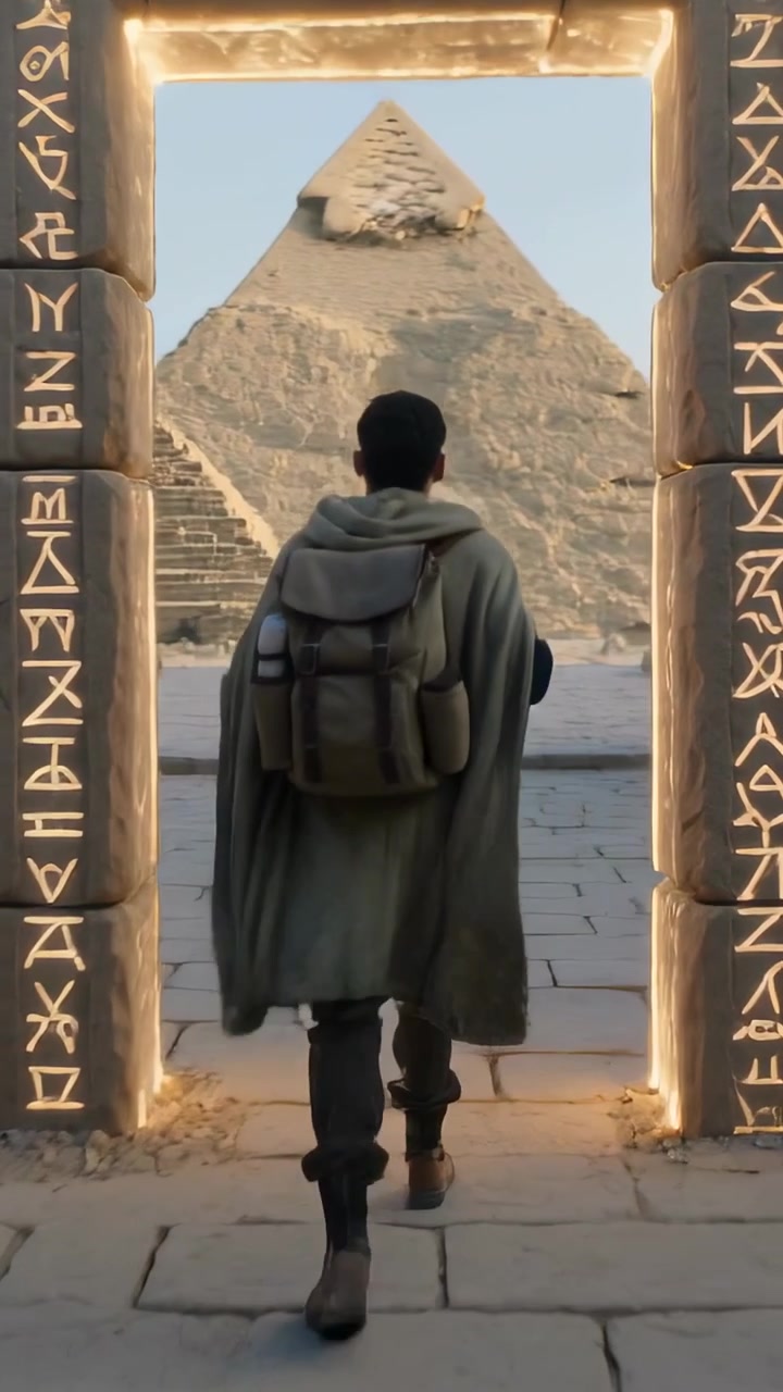Video verticale: Un uomo incappucciato che cammina, attratto dalle rune, si ferma davanti a un portale nella piazza di un tempio con uno zaino.