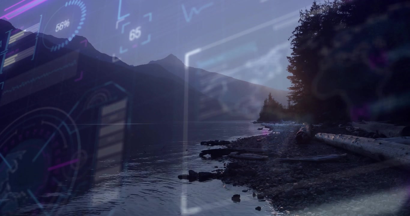 Digital Data Overlay on Scenic Mountain Lake Landscape