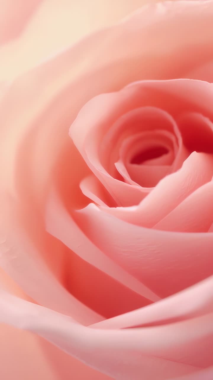 Video verticale: zoom in studio su rosa rosa che mostra il nucleo a spirale, mettendo a fuoco i dettagli interni dei petali