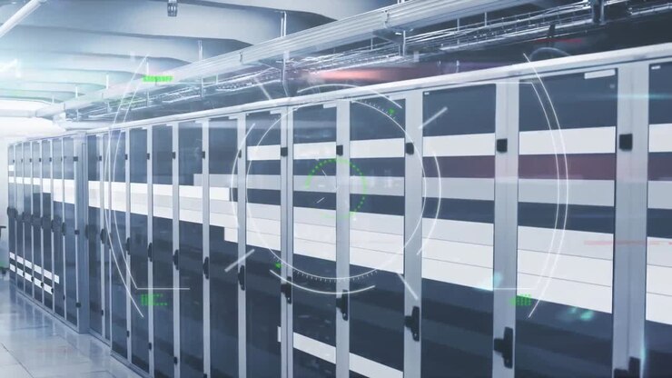 Animation of scope scanning and data processing over tech room with computer servers