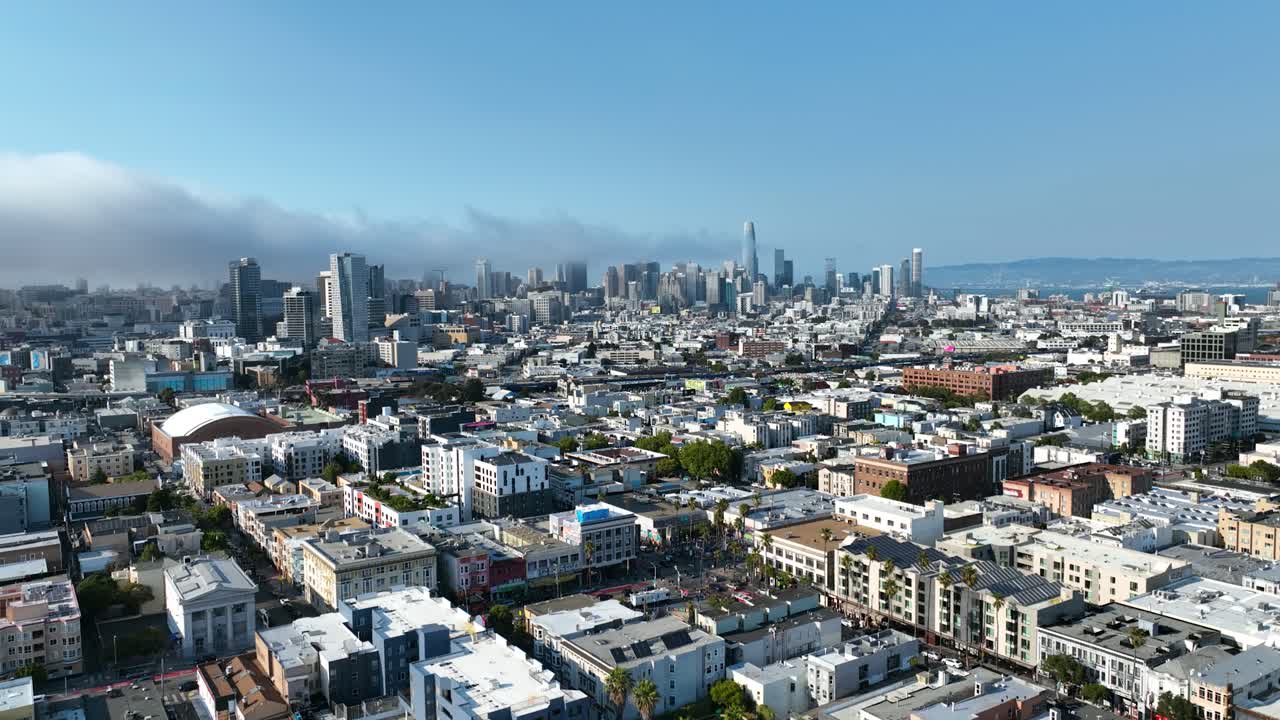 Drone flying backwards away from the San Francisco skyline. summer day in USA