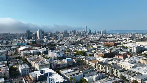 drone flying backwards away from the san francisco skyline. summer day in usa