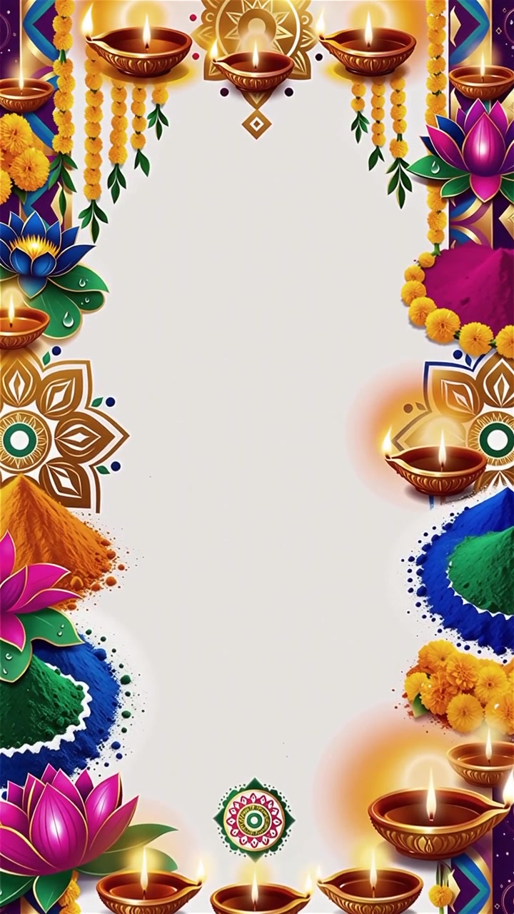 Sfondo Diwali con Diyas luminosi, Rangoli e fiori di loto