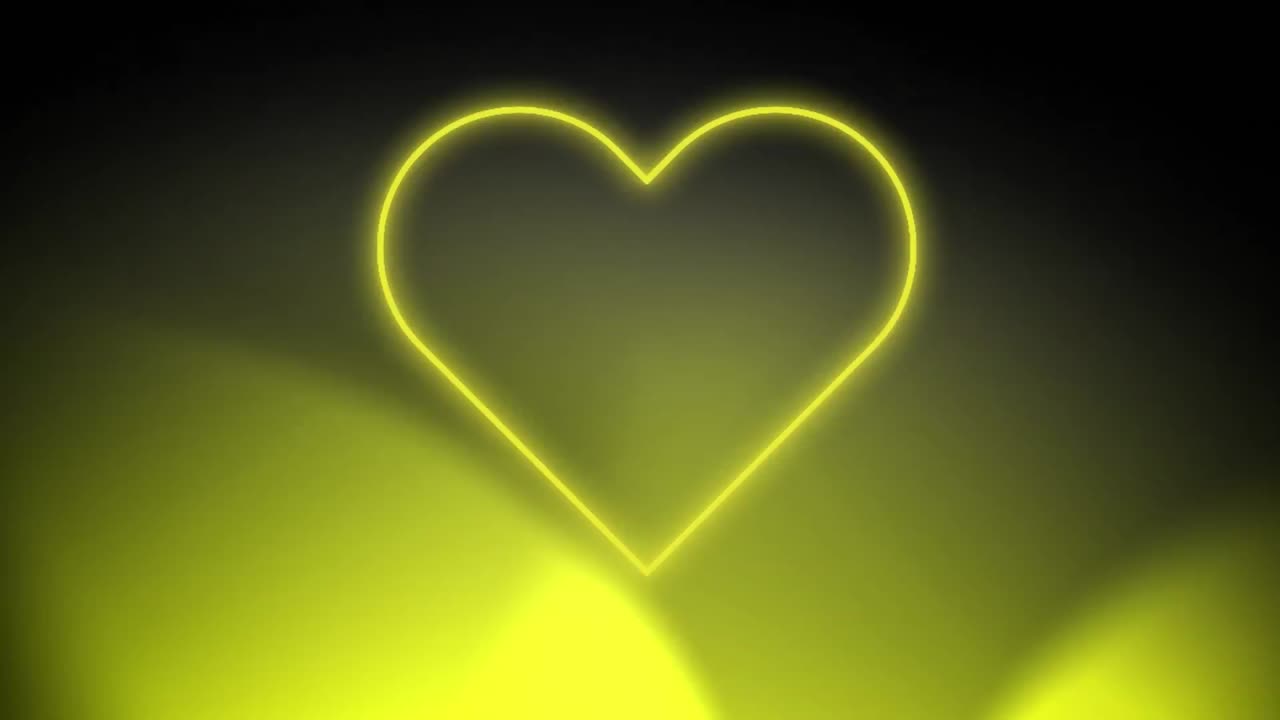 Animation of yellow neon heart flashing on dark background with moving yellow lights
