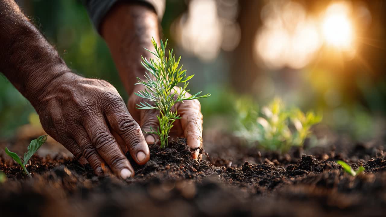 Un Jardinero Dedicado Cuidando Nueva Vida mientras una Planta Joven es Trasplantada Cuidadosamente en Tierra Rica con un Hermoso Fondo Iluminado por el Sol