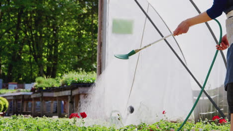 Close-Up-Of-Woman-Working-In-Garden-Center-Watering-Plants-In-Greenhouse