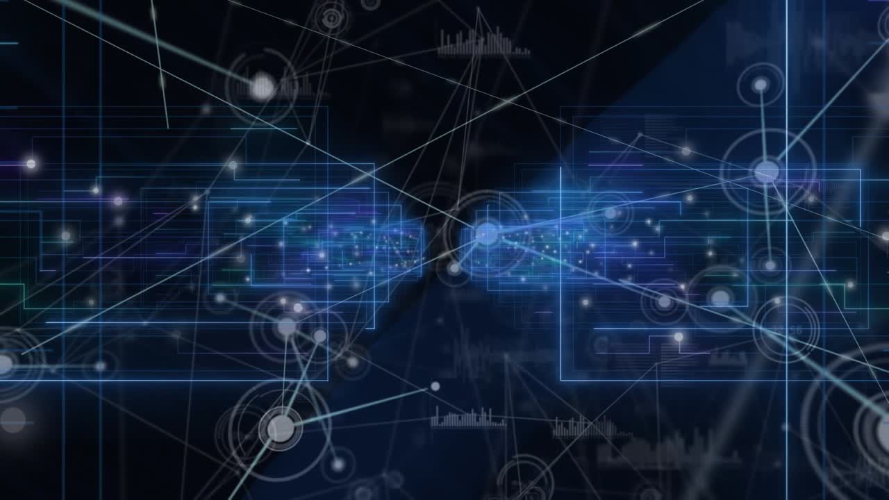 Animation of networks of connections and data processing over black background