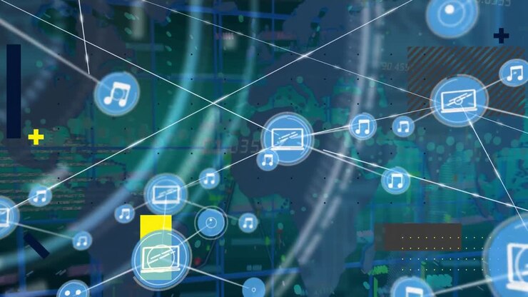Animation of network of connections with icons over data processing and world map on blue background