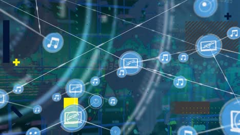 Animation-Des-Verbindungsnetzwerks-Mit-Symbolen-über-Datenverarbeitung-Und-Weltkarte-Auf-Blauem-Hintergrund