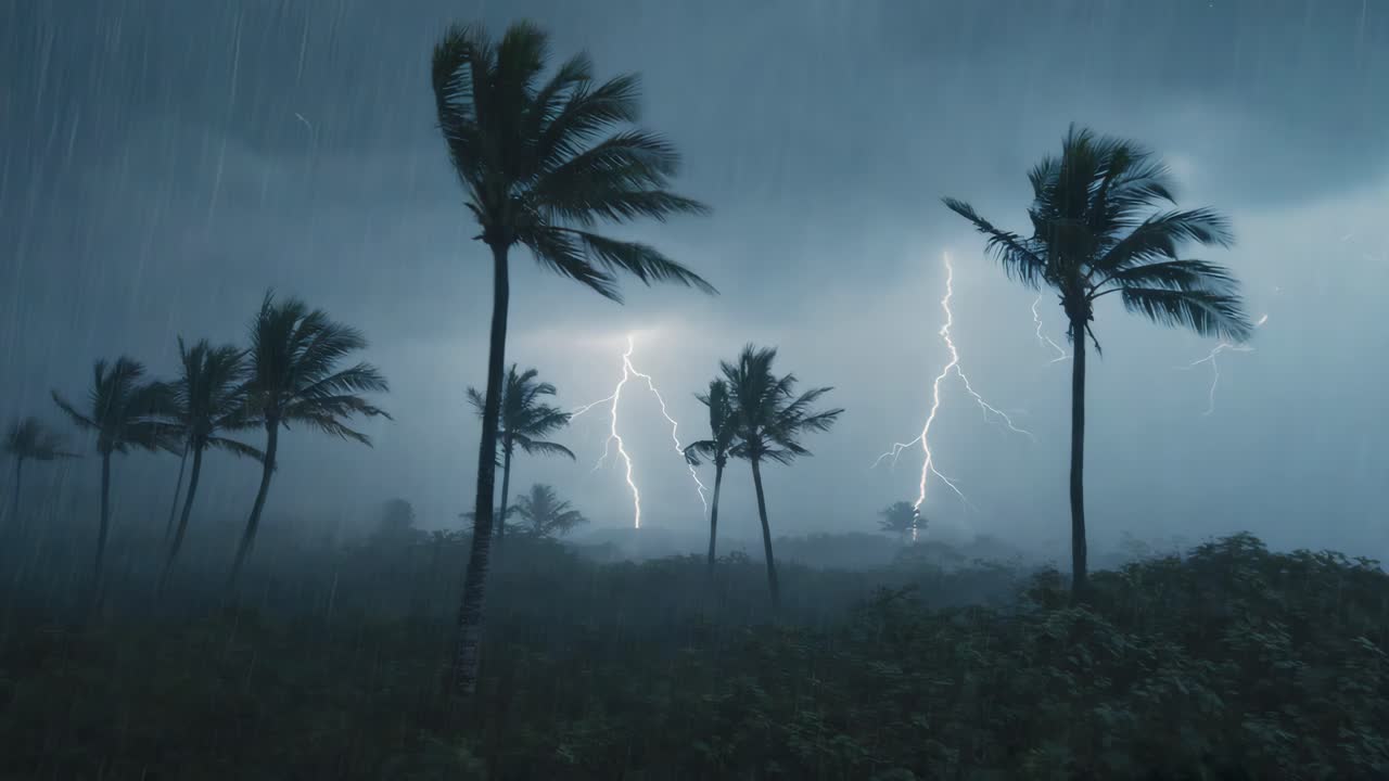 Stormy Night with Lightning over Palm Trees