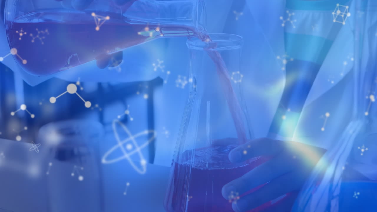 실험실에서 일하는 백인 소년 위에 떠다니는 분자 구조의 애니메이션