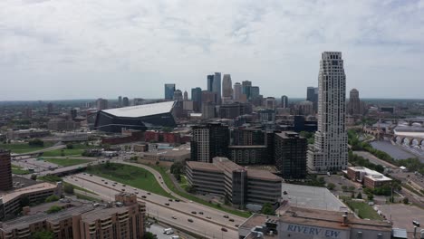 super wide aerial dolly shot of the minneapolis skyline in minnesota