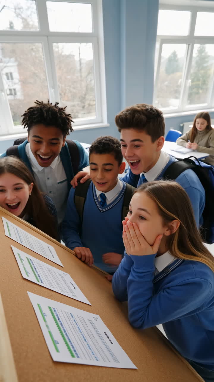 Excited students react to results on a bulletin board in school
