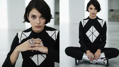 a contemporary fashion portrait featuring a model captured in two frames, showcasing unique geometric patterns in attire and striking metallic accessories