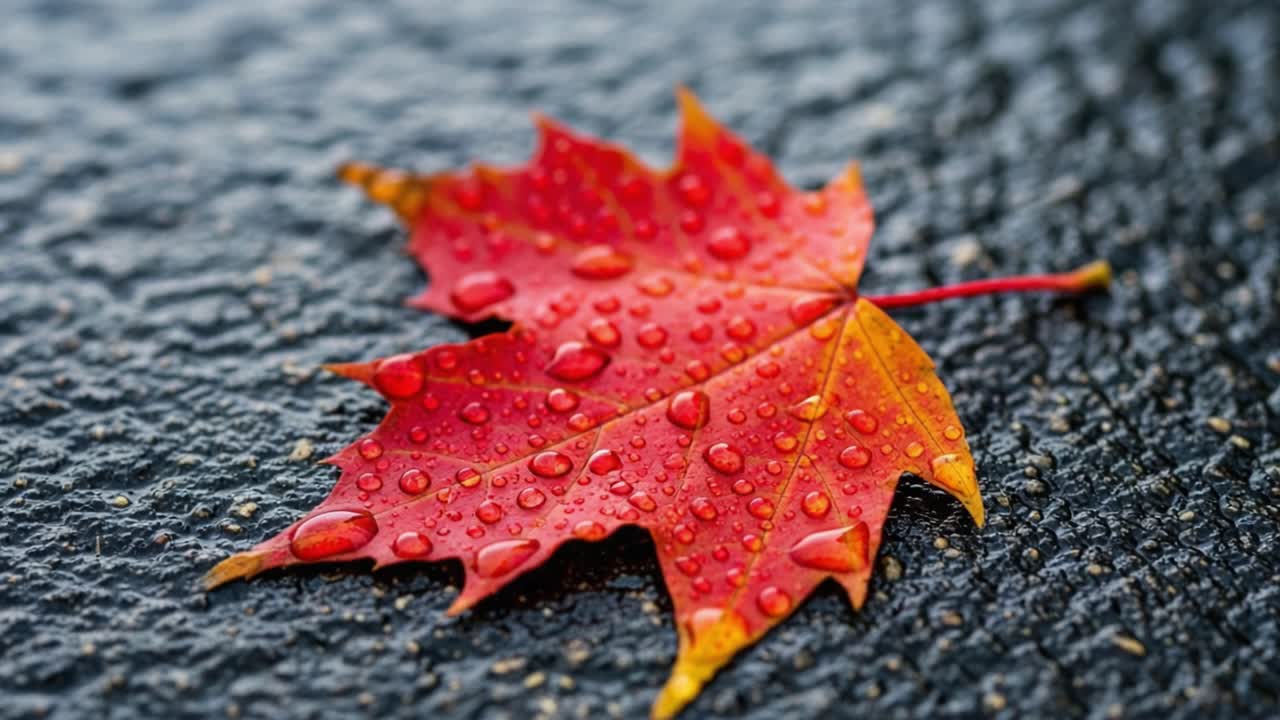 A Stunning Close-Up of a Wet Autumn Maple Leaf Glistening with Raindrops on a Dark Textured Surface, Capturing the Beauty of Nature's Seasonal Palette