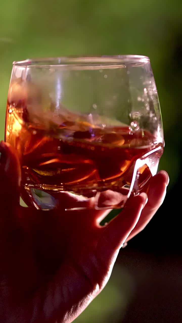 Una mano mescola delicatamente un cocktail Negroni in un bicchiere, la luce del sole evidenzia il liquido ambrato, con uno sfondo lussureggiante.