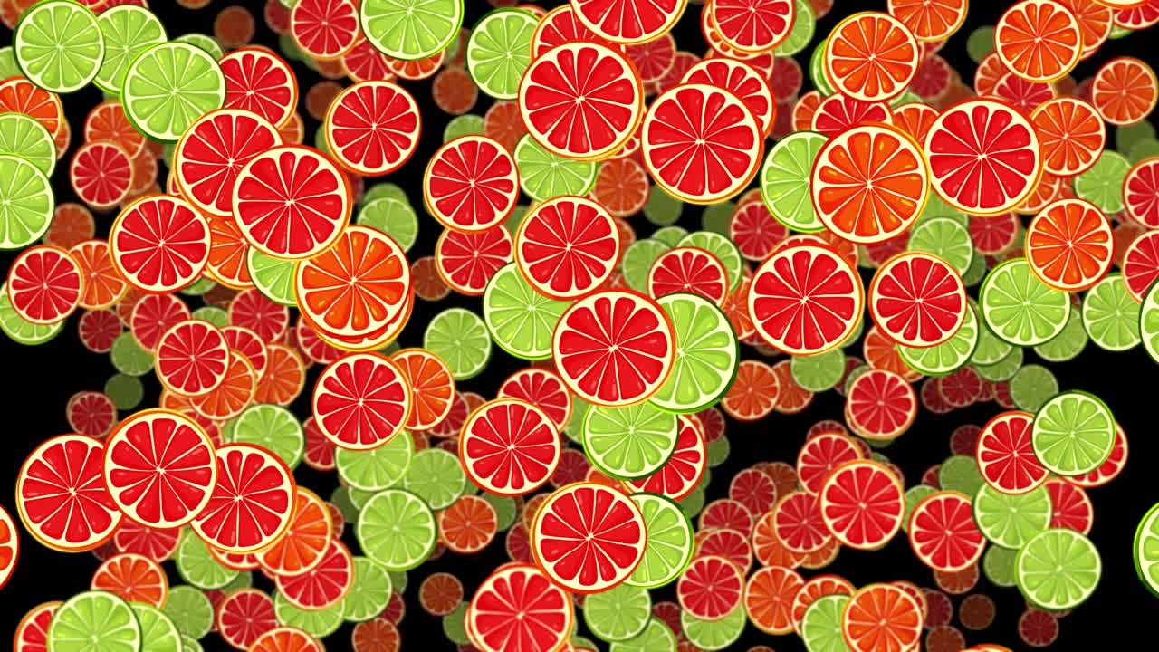 Fette animate di arancia, lime e pompelmo cadono continuamente su uno sfondo nero in 2D.