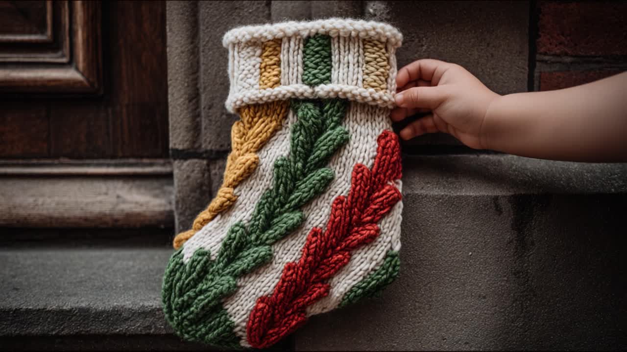 A Cozy, Hand-Knitted Christmas Stocking in Festive Colors Hangs Elegantly by a Wall, Perfect for Holiday Decorations and Gift Giving