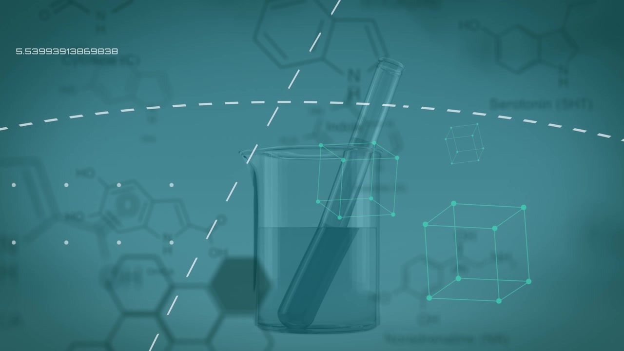 Animated Scientific Background with Beaker, Test Tube, and Chemical Structures