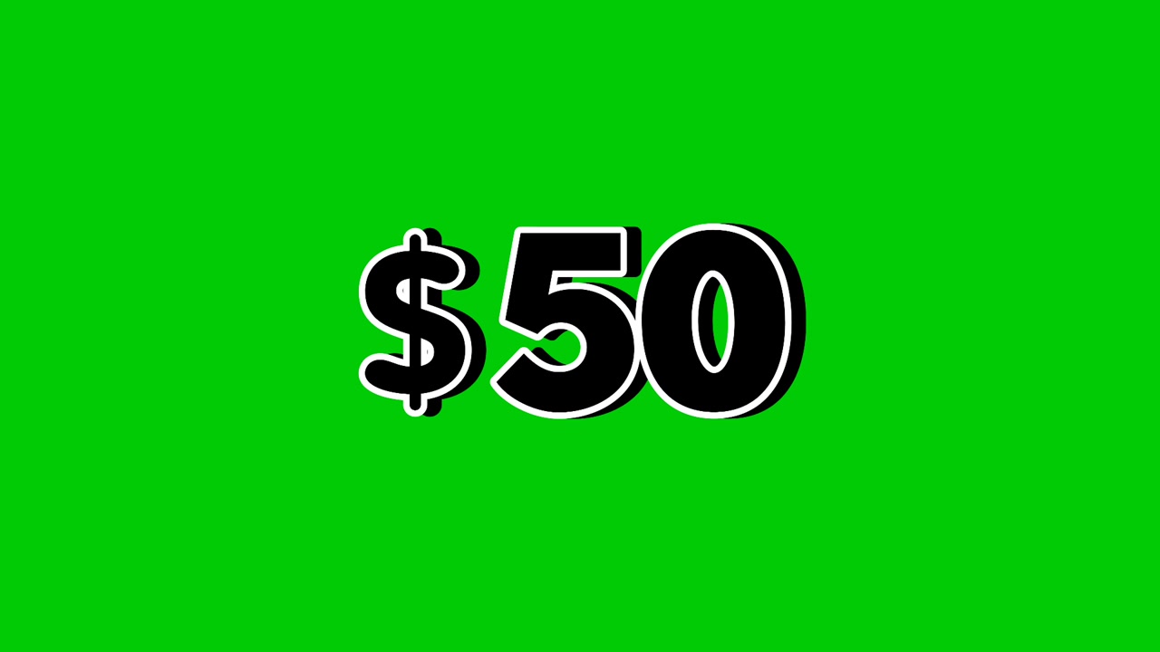 Animazione con cartellino del prezzo di 50 dollari con effetti di fumo e grafica in movimento su sfondo verde. Perfetta per pubblicità, e-commerce, vendita al dettaglio, sconti e video promozionali di business.