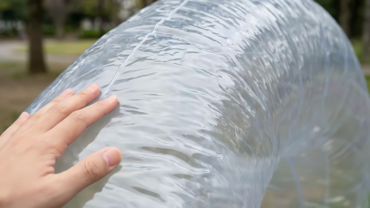 Mano umana che tocca un oggetto di plastica gonfiabile trasparente all'aperto