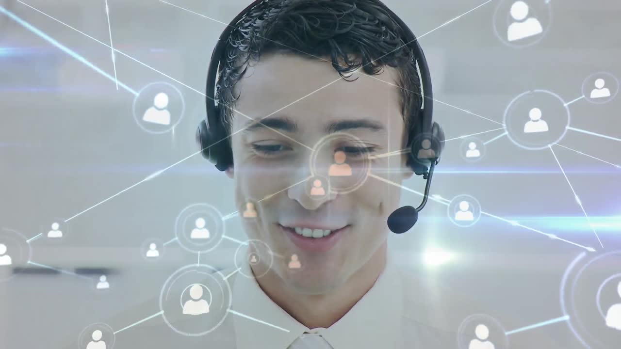 Animazione di rete di connessioni con icone su uomo d'affari con cuffie telefoniche