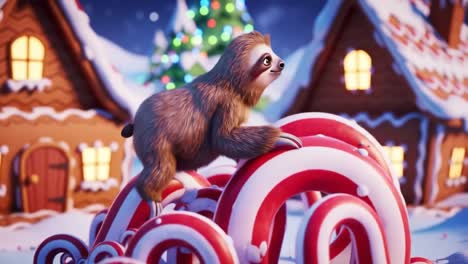 a playful sloth enjoys climbing on candy canes in a festive winter wonderland, surrounded by charming snow-covered houses and a sparkling christmas tree