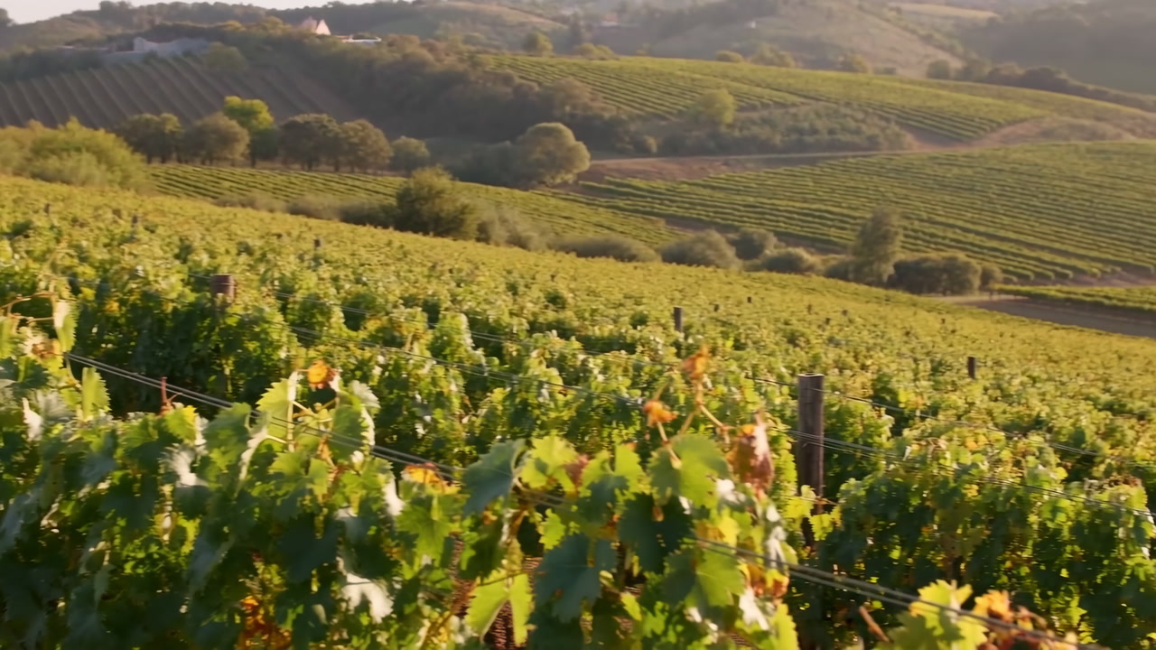 Sunlit Vineyard Rows On Rolling Hills, Lateafternoon Golden Light Bathing Lush Green Vines, Trellised Grape