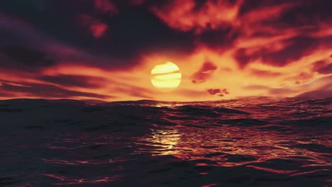 hermoso atardecer rojo sobre el océano bucle sin costuras con cielo rojo y mar con olas