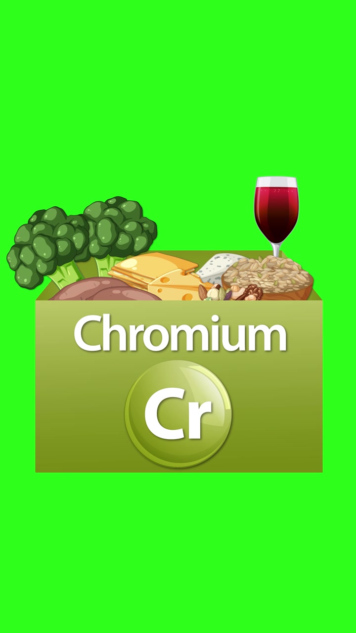 Animated chromium supplement box builds as nutritious foods slide in on bright green background