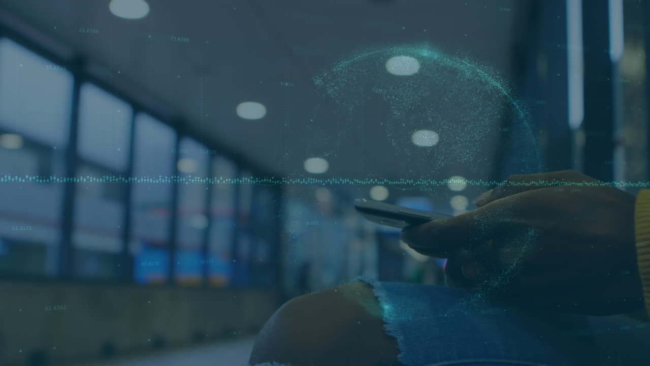 Spinning globe and statistical graphs against mid section of person using smartphone