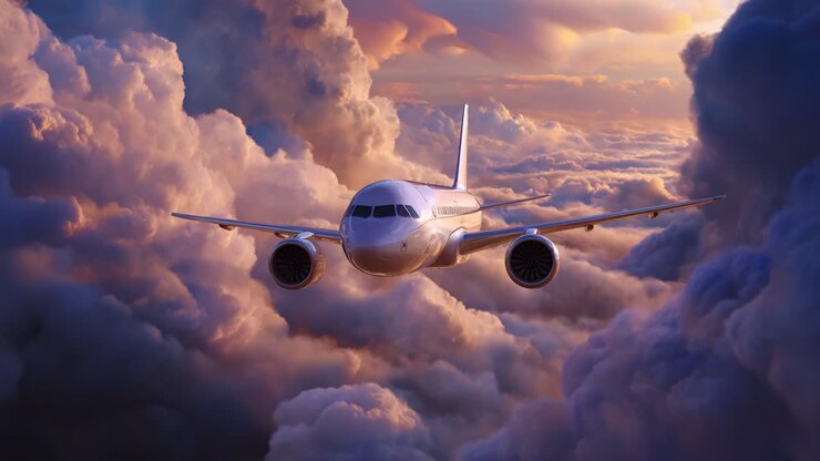 Un avion planant majestueusement à travers un paysage nuageux époustouflant, illuminé par les teintes chaudes d’un coucher de soleil magnifique, capturant un moment de beauté et de tranquillité aériennes