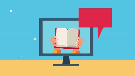 hands lifting textbook in desktop elearning animation