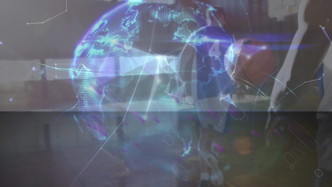 animación de la red de conexiones en un grupo diverso de jugadores de baloncesto masculinos