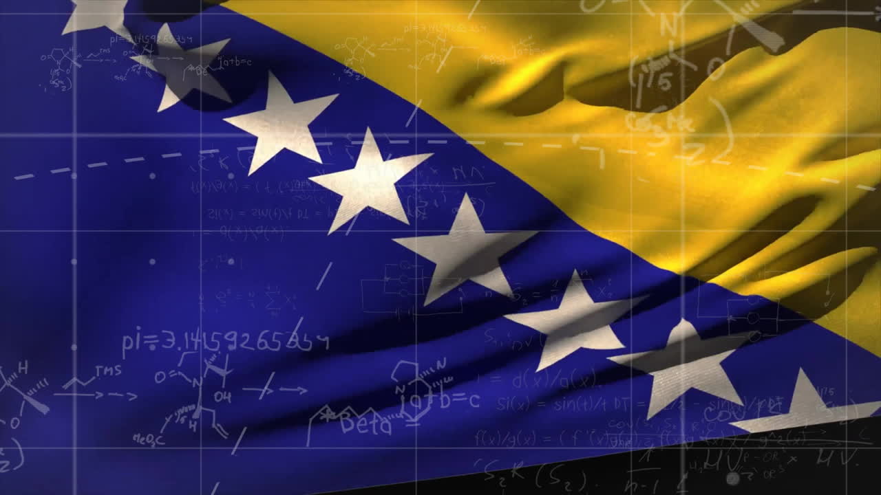Animazione di elaborazione dati matematici sulla bandiera della Bosnia ed Erzegovina.