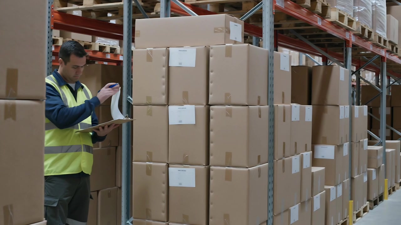 Empleado de etiquetado con chaleco de alta visibilidad escaneando cajas y registrando en un portapapeles en un pasillo de almacén, con espacio para texto