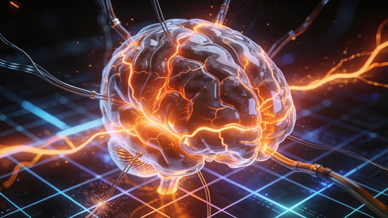 Pulsing translucent brain glowing fissures after power surge over neon grid, sparking cables