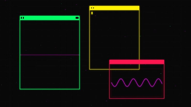Abstract Digital Interface with Animated Neon Windows and Data Waves