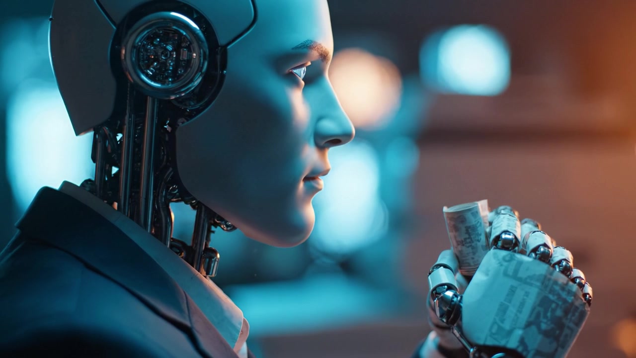 Un robot umanoide futuristico osserva pensieroso mentre tiene in mano un piccolo foglio arrotolato, fondendo intelligenza artificiale con caratteristiche umane in un ambiente moderno
