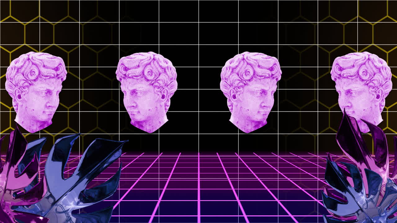Three pink classical busts floating over retro grid animation with geometric shapes