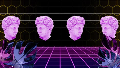 three pink classical busts floating over retro grid animation with geometric shapes