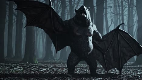 mythical bear with bat wings in a dark forest