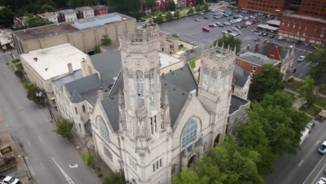 Experience-the-timeless-beauty-of-an-old-church-in-downtown-Louisville-through-a-captivating-drone-shot-that-captures-its-historic-charm-and-unique-architecture