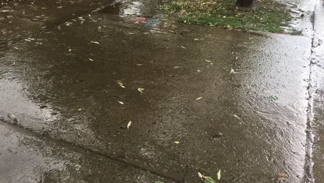 Un-Arroyo-Corre-Sobre-El-Pavimento-En-Una-Zona-Urbana-Húmeda,-Como-Resultado-De-Fuertes-Lluvias-E-Inundaciones