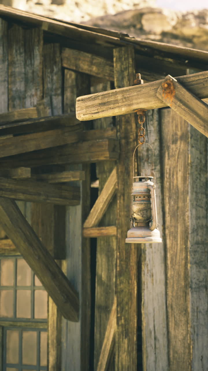 Rustic wooden structure with hanging bell in a sunlit abandoned setting